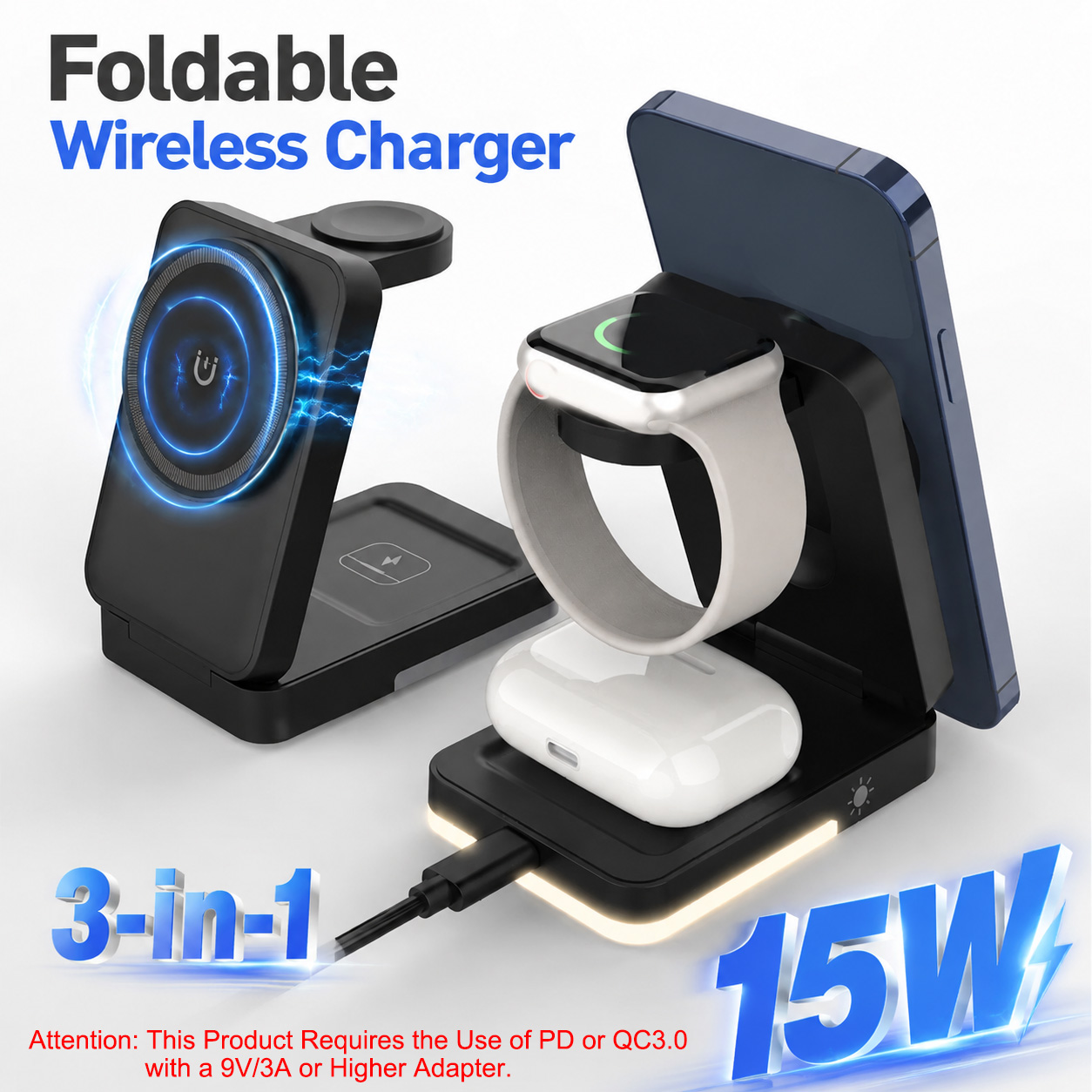Usb C Earphone - 3-in-1 Foldable Wireless Charger 15W Magnetic